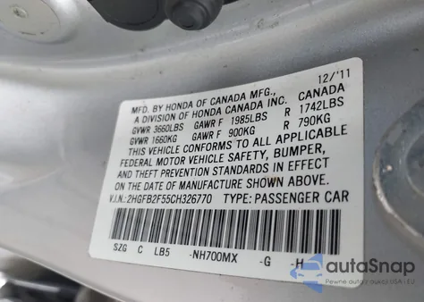 2012 Honda Civic Lx из США, поврежденный, VIN 2HGFB2F55CH326770